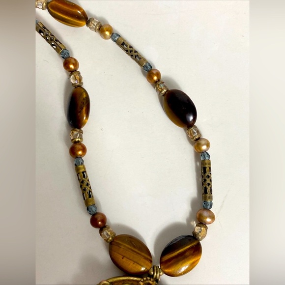 Vintage Necklace. Brass & Bead Tiger Eye Michael Golan 18" - Picture 8 of 10